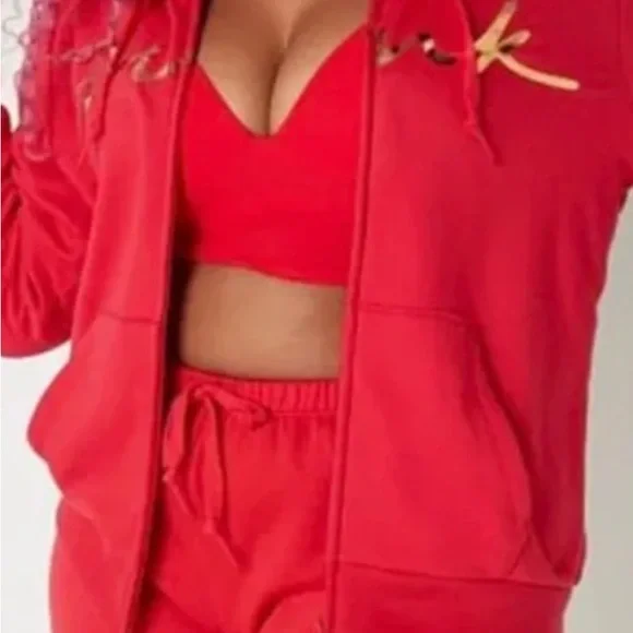 PINK Victoria's Secret Vibrant Red Full Zip Up Hoodie Size Large - Picture 2 of 9